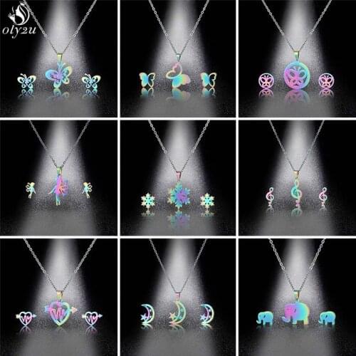 Stainless Steel Necklace Set Korean Style Rainbow Color Butterfly Pendant Necklaces Statement Jewelry for Women Girls Party Gift