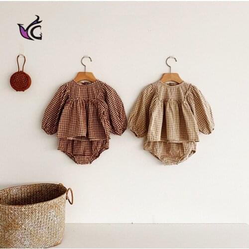 YG 2-piece baby girls clothes set spring Plaid Cotton Baby Girls clothes baby girls clothes 0-2 years old baby newborn clothe