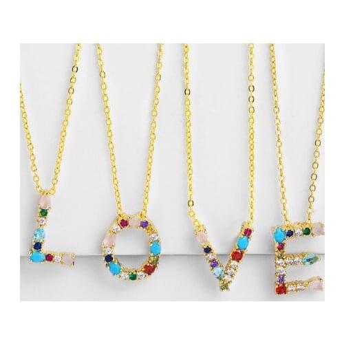 Last name letter A-Z multicolor micro pave cz zircon cubic zirconia necklace copper Clavicle gold plated Snake Chain Pendant