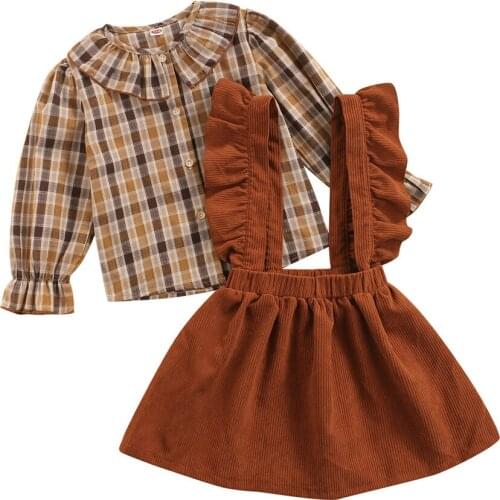 Baby Girls Fashion Clothes Set Plaid Shirt Top Brown Corduroy Suspender Skirt 2-6Y Toddler Kids Spring Fall Casual Cotton Outfit
