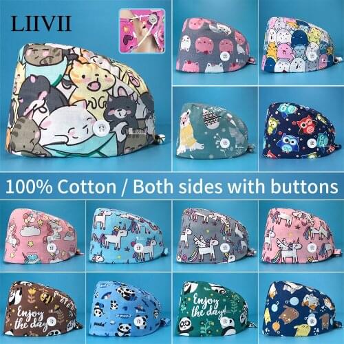 Breathable cute men and women surgical cap fashion cartoon printing beauty salon nursing cap cotton Elastic Beautician hats new