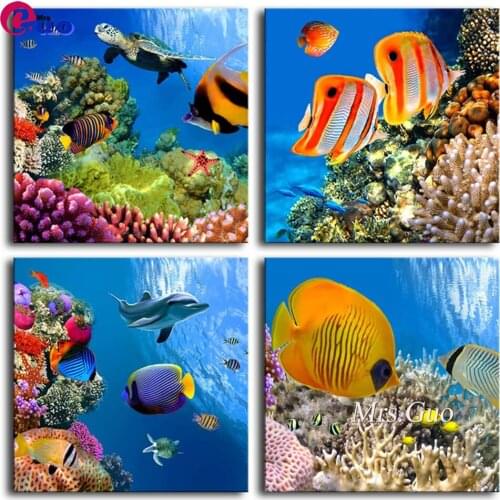 4 Pieces Colorful Fish Coral Dolphin Underwater World Landscape 5d Diamond Painting Full Square/Round Diamond Embroidery Kits