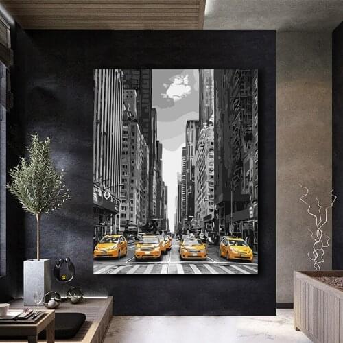 DIY painting by numbers street view small yellow sports car decorative painting creative adult hand-painted