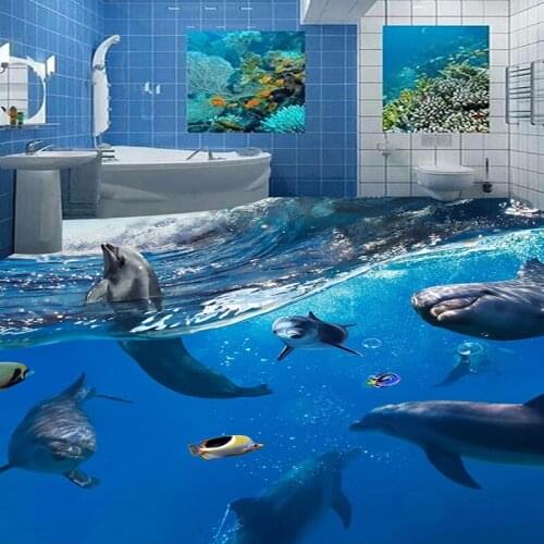 Underwater World Dolphin 3D Floor Painting Mural Wallpaper PVC Waterproof Self-adhesive Bathroom Living Room Floor Wallpaper 3D