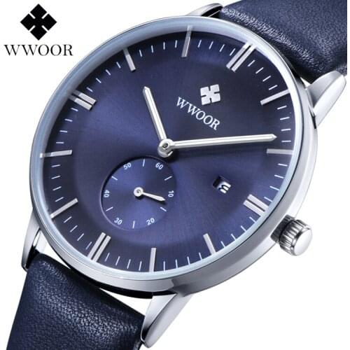 Luxury Brand WWOOR 8808 Leather Strap Mens Business Watch Auto Date Hours Casual Clock Waterproof Men Wristwatches