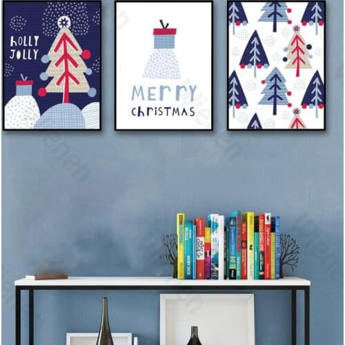 Christmas Home Decoration Tree Wall Art Canvas Print Blue Poster Background Wall Minimalism Modern Picture Bedroom Living Room