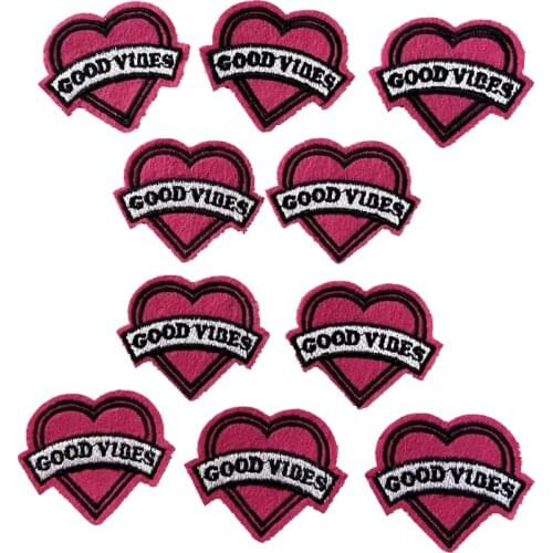 Embroidered Heart Patches Iron on GOOD VIBES Embroidery Appliques for Clothes Shoes Jackets Backpack 10 Pieces