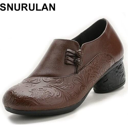 SNURULAN Spring Autumn National Style Women Pumps Flower Printing Round Toe Genuine Leather Women Chunky Heel Shoes Plus Size