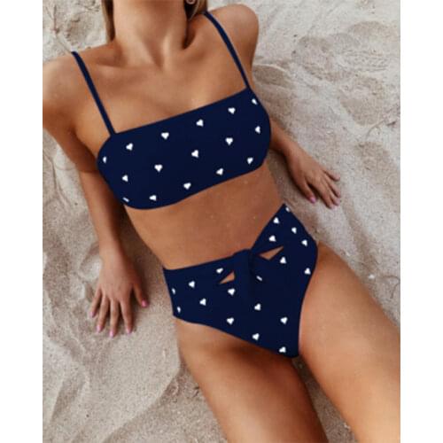 Sexy Bikinis Solid Push Up Bikini 2021 Padded Bra Straps High Waist Swimsuit Female Swimwear Small Love Heart Print Cute Bra