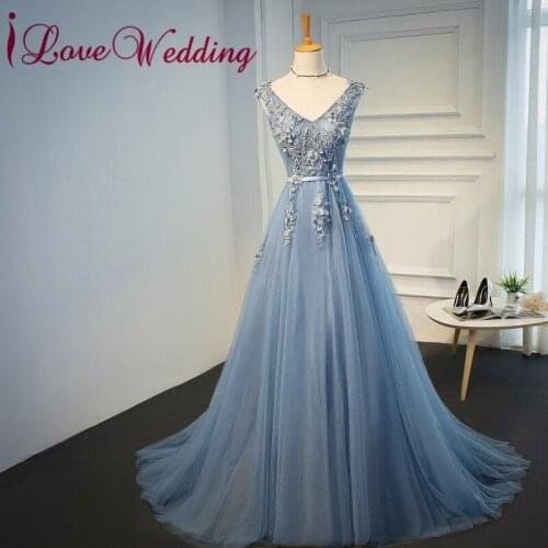 ILoveWedding Robe de soiree Sexy V Neck 3D Embroidery Lace applique A Line Blue Tulle Evening Dresses Long Real Photo