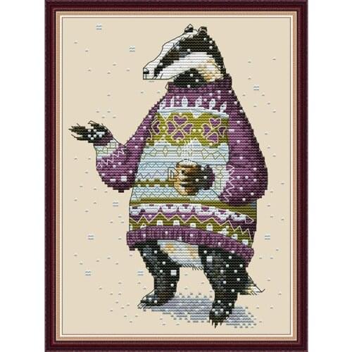Everlasting Love Badger In Sweater Chinese Cross Stitch Kits Ecological Cotton Stamped Printed 14C DIY Gift Christmas Decoration