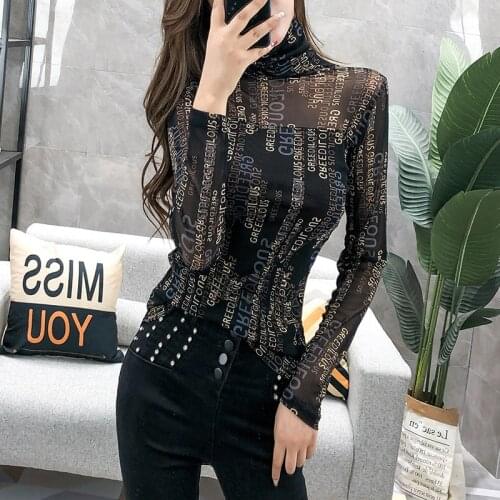 Autumn And Winter New High Collar Mesh Bottom Shirt Fashion Slim Printed Letter Womens T-Shirt Long Sleeve Womens Top
