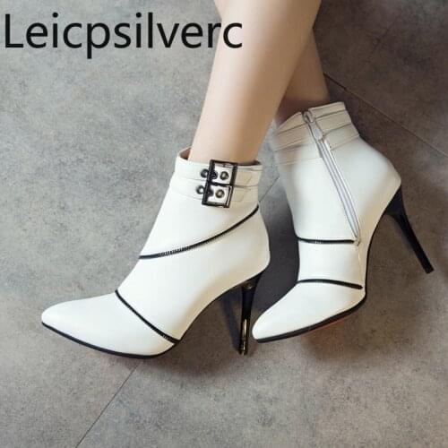 Autumn And Winter The New Pointed zipper Metal Decoration Color matching High heel Short tube Womens Boots plus size 35-50