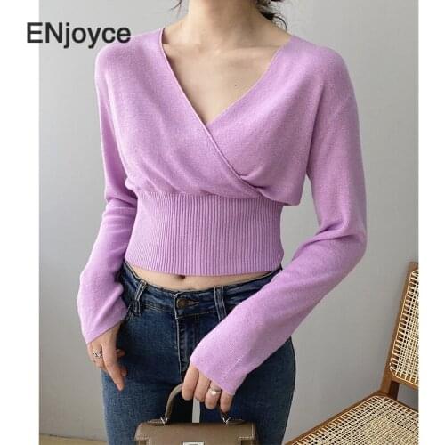 Women Fashion Purple V-neck Pullovers Sweater 2021 Spring New Casual Korean Style Elegant Crossover Knitted Cropped Tops