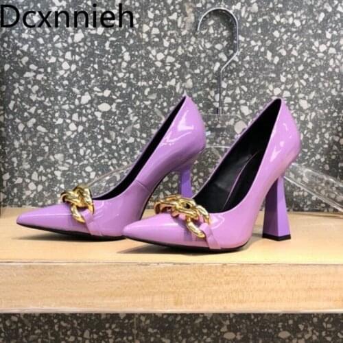 Autumn New Style Metal Chain Patent Leather Pointed High Heels Women Stiletto Single Shoes Shallow Mouth Shoes Wedding shoes