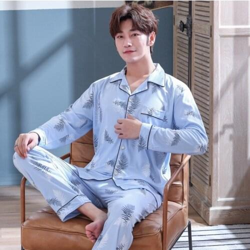 Plus Size 5XL Cotton Print Long Sleeve Pajama Sets for Men Korean Autumn Winter Sleepwear Suit Pyjama Male Homewear Home Clothes
