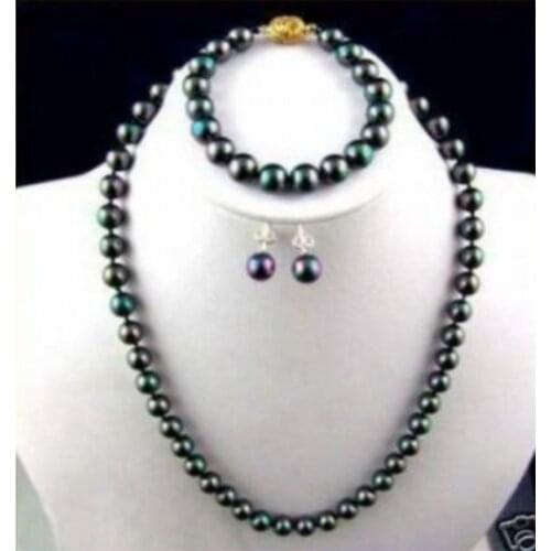 Women Gift word Love real 8-9MM PERFECT TAHITIAN BLACK PEACOCK GREEN PEARL NECKLACE BRACELET EARRING