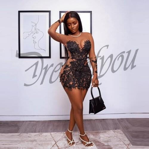 Black New In Fashion Natural Mermaid/Trumpet Above-Knee Evening Dresses Short Prom Cocktail Gowns Appliques/Beads Free Shipping