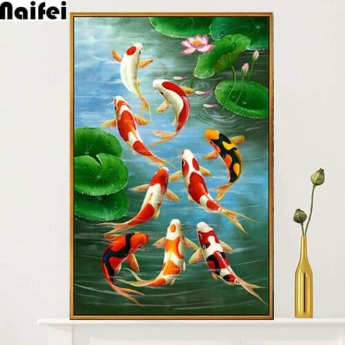 5D Diamond Painting 9 Fish Full Square Round Lotus carp Diamond Embroidery Animal Cross Stitch Home Feng Shui Decoration