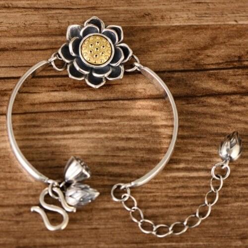 925 Sterling Silver lotus Flower girl women cuff bangle Bracelet GIft A3267
