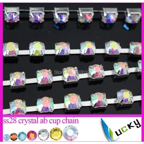 Free shipping!10 yards ss28 strass cup chain rhinestone trim with A quality ab crystal silver base for DIY decorations