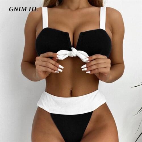 GNIM High Waist Patchwork Bikini Swimwear Women Push Up 2021 New Arrival Sexy V Neck Sport Swimsuit Female 2 Pieces Bow Biquini