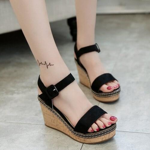 Wedge heel female word buckle suede ultra high heel sandals solid color open-toe thick sole platform fish mouth shoes women