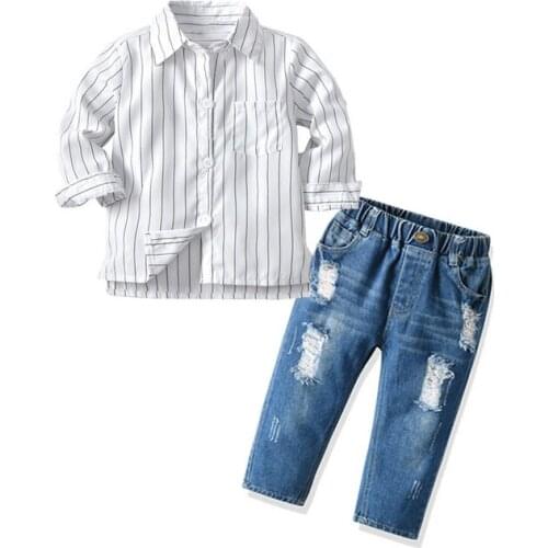 Childrens Sets Kids Toddler Boys Clothes Autumn Fashion Casual 2PCS Striped Shirt + Ripped Jeans Bebes Set Vetement Clothing