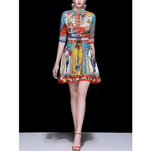 European and American womens lapel seven-point sleeves girdle waist short skirt national phoenix print dress tide s