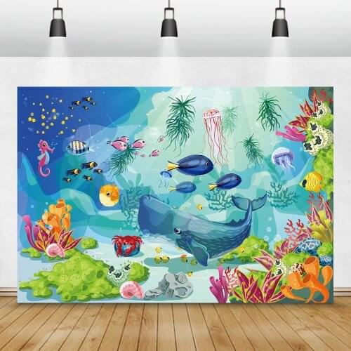 Photography Backgrounds Baby Cartoon Fish Sea World Birthday Party Coral Shell Pattern Photo Backdrops Photocall Photo Studio
