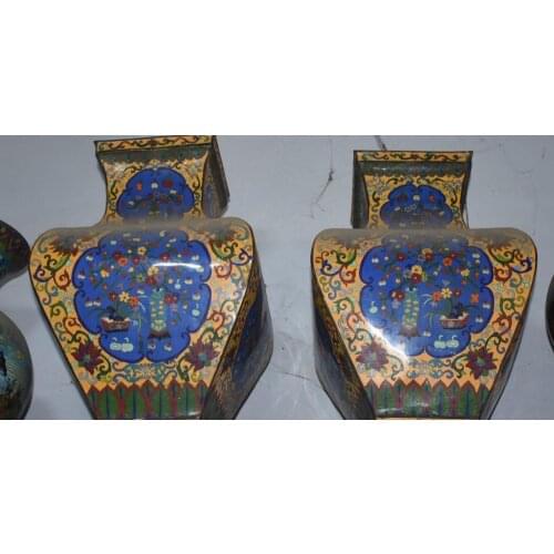 Chinese Cloisonne Enamel Plum Blossom Tree Peony Flower Vase Bottle Pair Statue