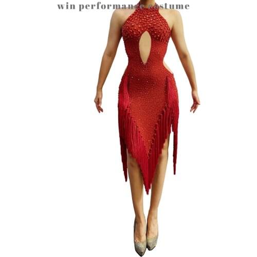Rhinestone Costume Latin Dance Dress Female Professional Competition Costumes For Women Girls Sexy Backless Red Fringed Skirt
