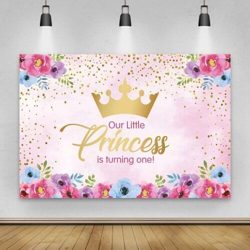Laeacco Newborn Baby Birthday Party Banner Photography Backdrop Crown Gold Glitters Flowers Baby Shower Background Photo Studio