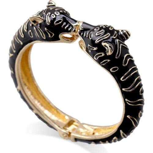Trendy Double Leopard Head Enamel Cuff Bracelet Statement Bangle for Women and Girls Gold Plated Animal Bracelet Pulseira