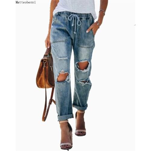 2020 Latest Style Ladies Sexy Fashion Womens Summer Waist High Strappy Pants Jeans Ruined Torn Cool Slim Pants Jeans Blue Pants