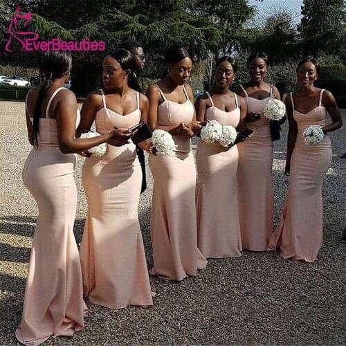 Bridesmaid Dresses 2020 New African Spaghetti Strap Mermaid Elastic Satin Simple Long Wedding Guest Dress Cheap Women Party Gown