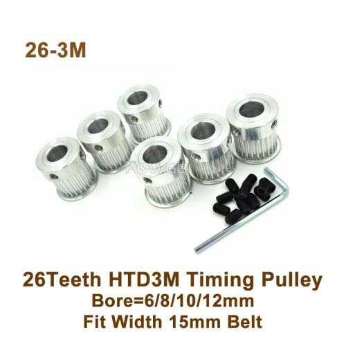 POWGE 26 Teeth 3M Timing Pulley Bore 6/8/10/12mm Fit W=15mm HTD 3M Synchronous Belt 26T 26Teeth HTD3M Pulley CNC Machine 26-3M