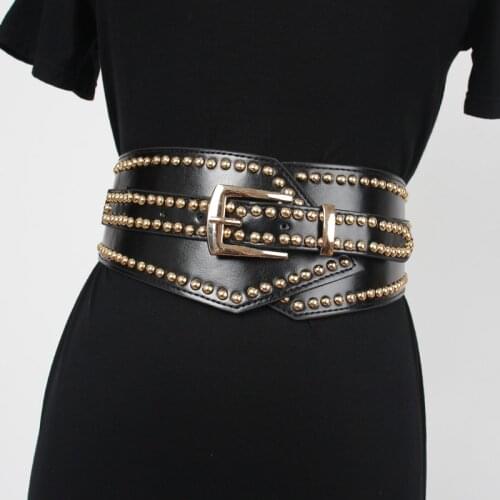 PU Waistband Rivet Studded Punk Belts for Women Fashion Elastic Wide Waist Belt PU Leather Hip Hop Strap Women Cinturon Mujer