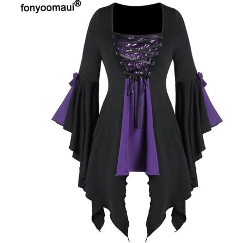 Medieval Vintage Gothic Punk Sequin Lace Up Shirt Tops For Women New Butterfly Sleeve Colorblock Irregular Hem T-Shirt Plus Size