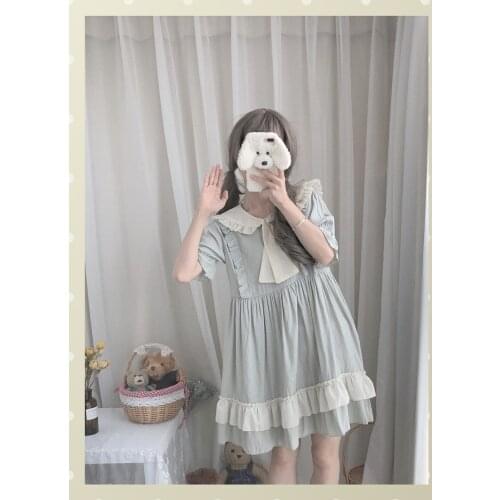 OLOMLB Lolita Loose Short-Sleeved Dress Japanese Style Soft Sweet Clothing Summer Kawaii All-Match Peter Pan Collar Dresser