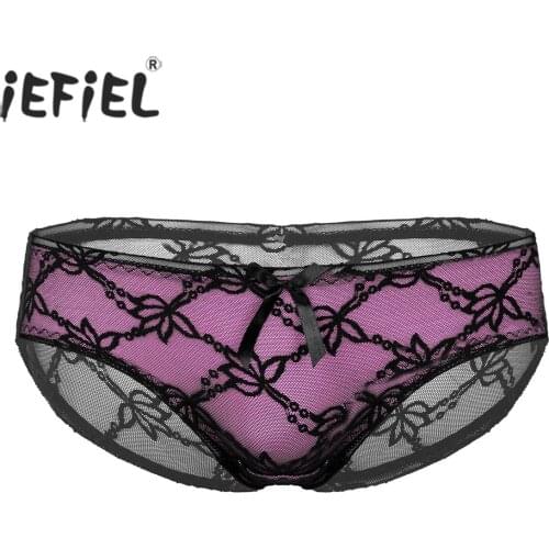 Men See-through Mesh Sexy Panties Floral Patchwork Undershorts Bowknot Elastic Waistband Exotic Briefs Sheer Sissy Clubwear