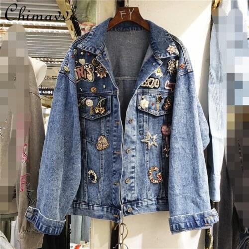 Hip Hop Streetwear All-matching Fashion Beaded Diamonds Denim Jacket Womens Autumn Loose Three Dimensional Decoration Coat