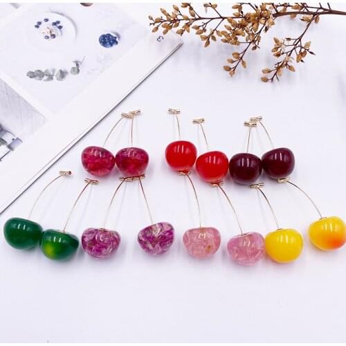 Korean Japan Sweet Clear Resin Cherry Earrings for Women Girl Gold Color Alloy Fruit Long Hanging Drop Earrings Party Jewelry