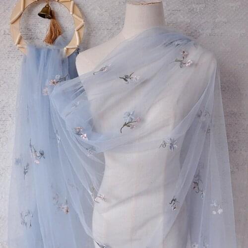 High quality soft mesh yarn fabric Blue orchid embroidery tissu High end wedding dress DIY patchwork