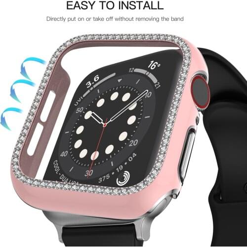 Tempered film+Diamond Compatible with Apple watch case 44mm 42mm 40mm 38mm Edge glass protective shell for iwatch 6 5 4 3 2 1 SE