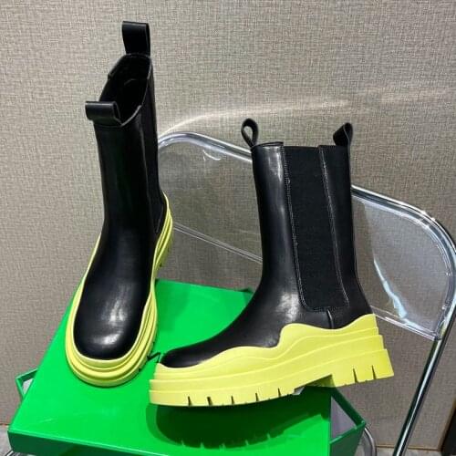 2021 New Women boots Thick Bottom Round Toe Genuine Leather Boots Colored soles Platform Shoes Chelsea boots Female Shoes