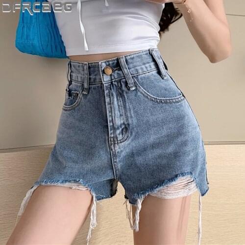 Ripped Hole High Waist Denim Shorts For Women Summer 2020 New Arrival Side Split Street Wear Lady Jeans Short Blue Black Shorts