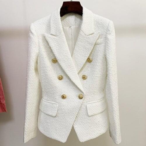 White Tweed Woolen Blazer Women 2021 Autumn Winter New Female Jackets Coat Gold Button Double Breasted Slim Formal Blazers Suit
