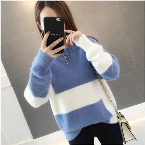 2020 New Autumn Winter Korean Fashion Pullover Sweater Women Loose Plus Velvet Color Matching Round Neck Knit Sweaters Female