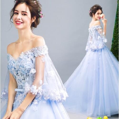 New sweat flared sleeve strapless skyblue floor length sexy lady girl women princess bridesmaid banquet party ball dress gown